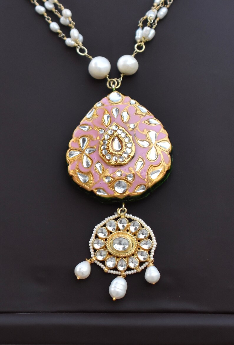 Pink meenakari pendant earring with freshwater pearl and high quality kundan necklace earrings set