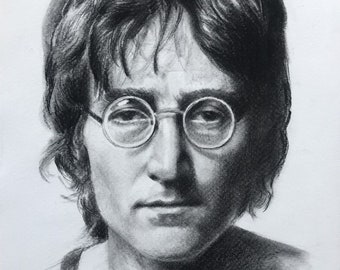 Original_Portrait _ Dessin au fusain_John Lennon, Portrait au fusain, Croquis au fusain, 100% peint à la main