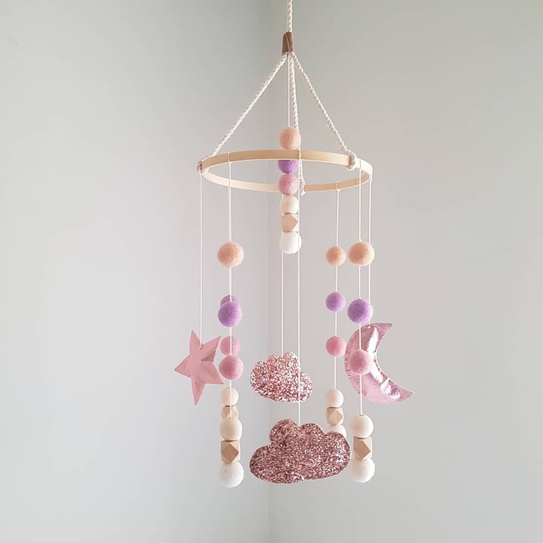 can be personalised Handmade cloud and stars baby nursery mobile with baby pink and lilac stars