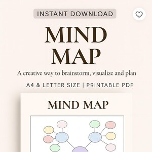 May include: A printable mind map template with the words "MIND MAP" in large, bold letters. The design includes a central circle connected to smaller circles, with the text "A creative way to brainstorm, visualize and plan."