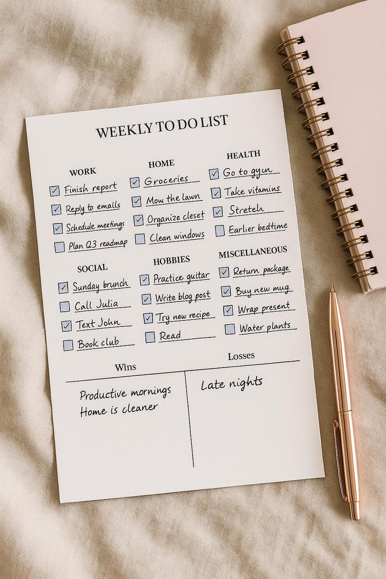 May include: A white weekly to-do list with checkboxes, categories like Work, Home, and Health, and a rose gold pen. A pink spiral notebook is in the background. The list includes tasks such as "Finish report" and "Go to gym."
