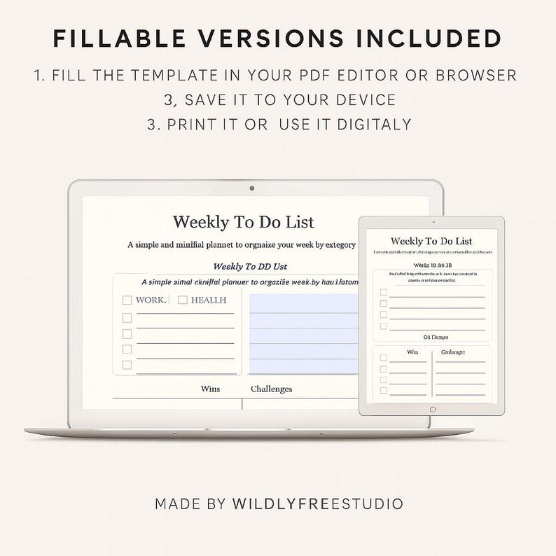May include: A laptop and tablet display a "Weekly To Do List" template. The text includes instructions: "Fill the template in your PDF editor or browser, save it to your device, print it or use it digitally."