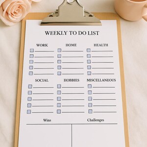 May include: A wooden clipboard holds a white "WEEKLY TO DO LIST" with sections for Work, Home, Health, Social, Hobbies, and Miscellaneous. A pink mug and two peach-colored roses are in the background.