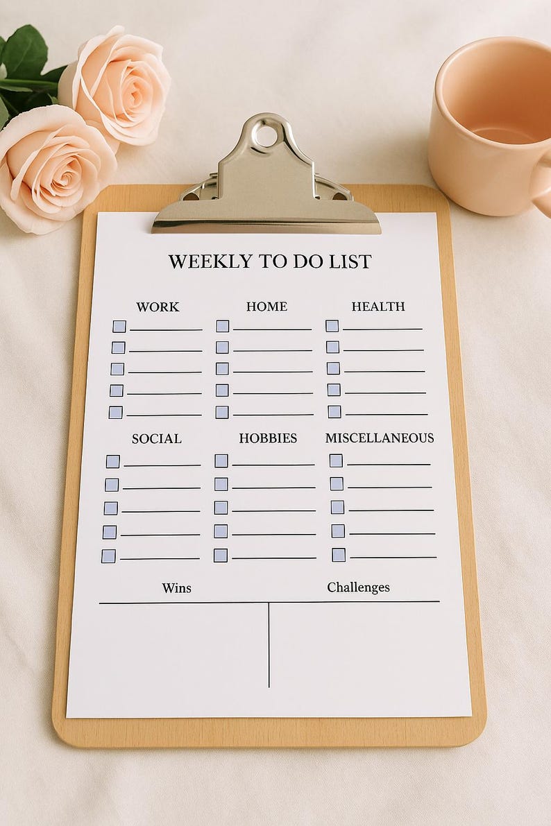 May include: A wooden clipboard holds a white "WEEKLY TO DO LIST" with sections for Work, Home, Health, Social, Hobbies, and Miscellaneous. A pink mug and two peach-colored roses are in the background.