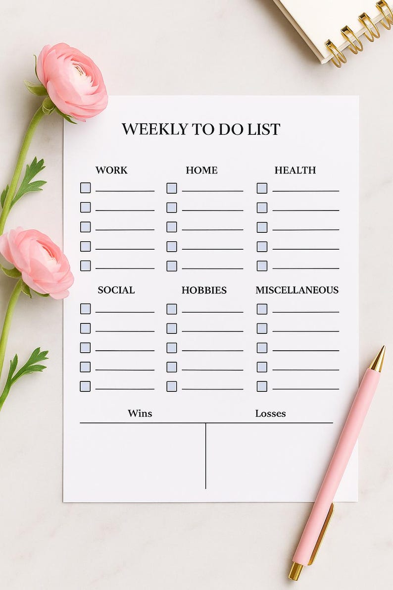 May include: A white weekly to-do list with sections for work, home, health, social, hobbies, and miscellaneous tasks. A pink pen and pink flowers are on the side. The list includes space for wins and losses.