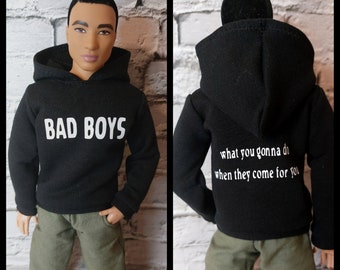12", 1/6 scale male and female doll clothes, made on order, black hoodie with white word print. Fashion doll clothes.
