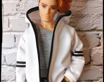 Open hoodie for 12" male fashion doll. Spring/autumn light jacket, white with black stripes. Made on order. Fashion doll clothes.