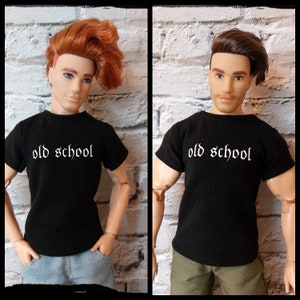 Fashion doll clothes, male doll  casual t-shirt, made on order, black shirt with print, 12&quot; size, 1/6 scale, OLD SCHOOL wording.