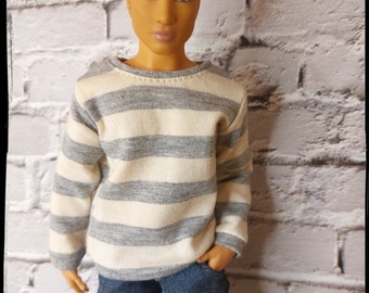 Fashion doll clothes. Made on order. Gray and dirty white striped sweater. Available in original and buff size.