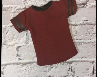 12", 1/6 scale  male doll clothes, made on order, burgundy t-shirt with black stripes on sleeves.