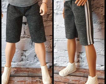 Short sweatpants for buff 12" fashion dolls, and original size dolld. Dark gray with white stripes. Doll sweatpants.