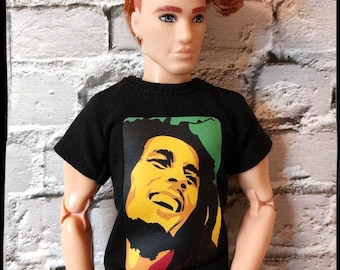 12", 1/6 scale male doll clothes, made to order, black t-shirt with print sticker