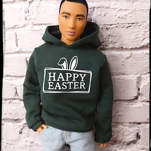 Male and female fashion doll clothes. Dark green hoodie with white &quot;Happy Easter&quot; sign. Fits male and female  12&quot; dolls. Made on order.