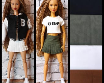 12", 1/6 scale fashion doll clothes, made on order, short pleated skirt, available in olive green, brown and black.