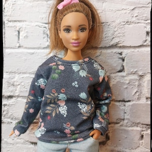 Fashion doll clothes. Made on order. Dark blue sweater with flowers. Available with velcro and no closure option.
