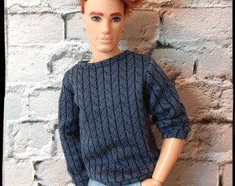 Fashion doll clothes. Made on order. Blue sweater with pattern. Available in original and buff size. 12" doll sweatshirt.