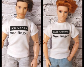 Fashion doll clothes, male doll  casual t-shirt, made on order, white shirt with print, 12" size, 1/6 scale. Buff doll clothes.