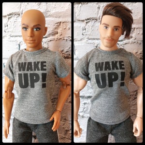 Fashion doll casual clothes. male doll t-shirt, made on order. Gray with black print.  12&quot; size, 1/6 scale. Handmade, buff doll clothes.