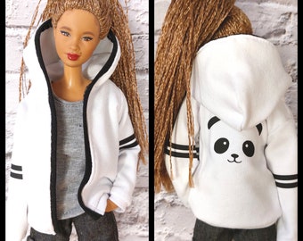 Fashion doll open hoodie. White Spring/autumn light jacket, white with black stripes and panda image on the back. Made on order.