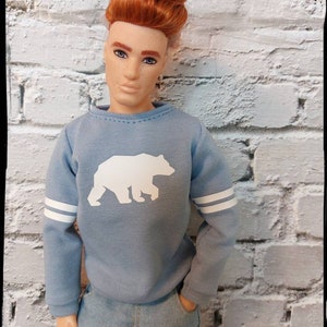 Peut inclure: Un pull bleu à manches longues avec des rayures blanches sur les manches et un motif d'ours blanc sur le devant.