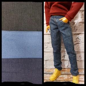 12", 1/6 scale male doll clothes, jeans with real front pockets. Jeans fit original size Ken dolls.
