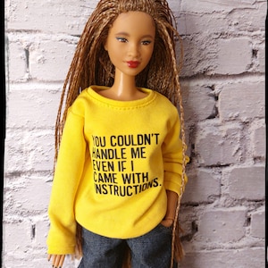 Doll clothes. Cozy sweatshirt for 12 inch dolls. Yellow sweatshirt with print. Sweater fits original and curvy male and female dolls image 1