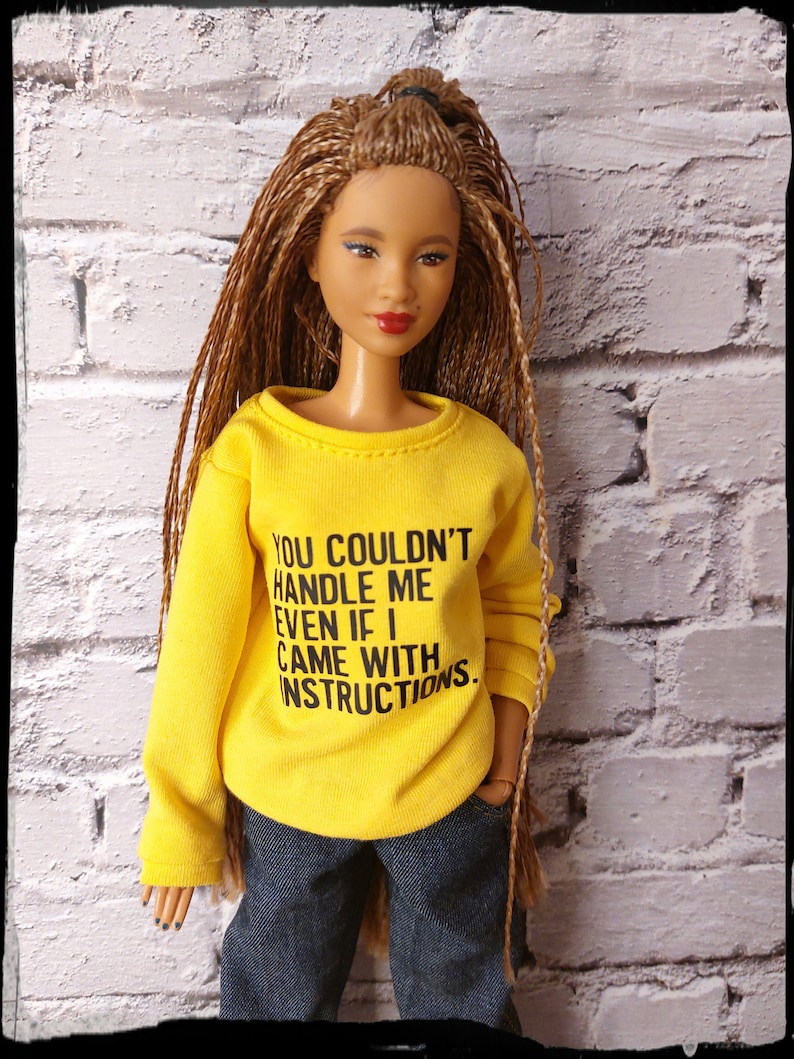 Doll clothes. Cozy sweatshirt for 12 inch dolls. Yellow sweatshirt with print. Sweater fits original and curvy male and female dolls image 1