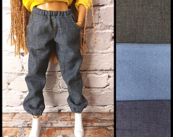12", 1/6 scale female doll clothes,  baggy jeans with real front pockets. Jeans fit original size female dolls. Fashion doll clothes.
