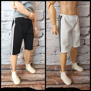 Short sweatpants for buff , and original fashion  12&quot; doll. White with black stripes or black with white stripes. Ken sweatpants.