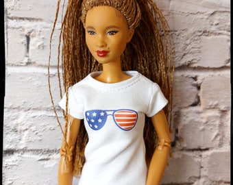 Fashion doll clothes. Female white t-shirt with American flag sunglases. Made on order.