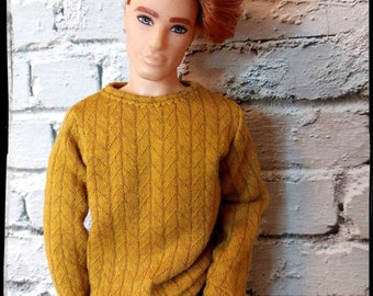 Sweater for original and buff 12" fashion dolls. Mustard yellow sweater with pattern. made on order.