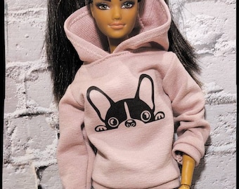 Roupa para boneca fashion, moletom rosa com estampa de buldogue. Feito sob encomenda. Escala 1/6.