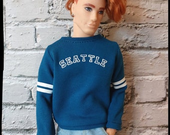 12", 1/6 scale doll clothes, made on order, teal sweatshirt with SEATTLE sign