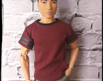 12", 1/6 scale  male doll clothes, made on order, burgundy t-shirt with black stripes on sleeves.