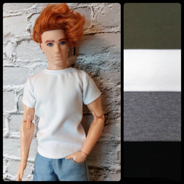 12", 1/6 scale male doll clothes, made on order, plain t-shirt, multiple solid colors