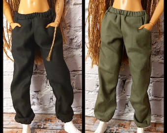 Fashion doll clothes, extra baggy female doll pants, made on order, in olive green or black colour, 12" size, 1/6 scale, original size doll.