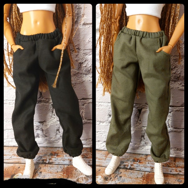 Fashion doll clothes, extra baggy female doll pants, made on order, in olive green or black colour, 12" size, 1/6 scale, original size doll.