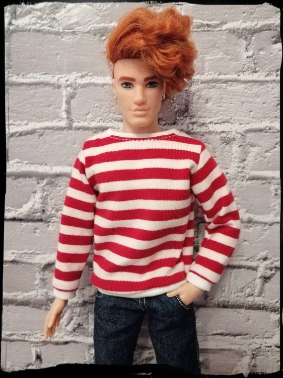 Ken Doll Clothes, Red and White Stripes Sweatshirt. Made on Order