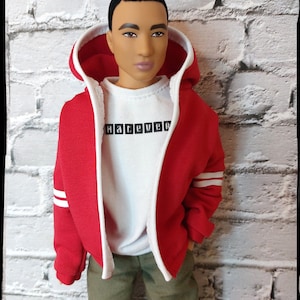 Open hoodie for 12&quot; doll. Spring/autumn light jacket, red with white stripes. Made on order. Fashion doll clothes.