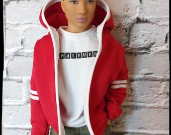 Open hoodie for 12" doll. Spring/autumn light jacket, red with white stripes. Made on order. Fashion doll clothes.