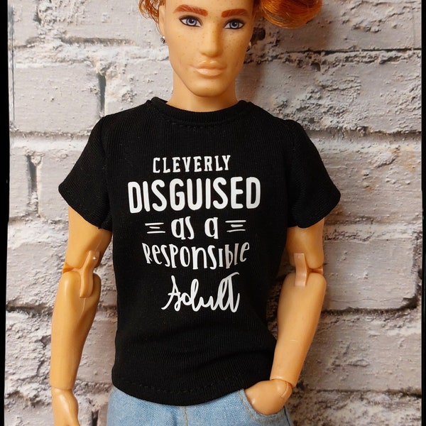 Casual clothes for 12" male  doll. Black t-shirt with funny quote. Shirt also fits broad  dolls. Item is made on order.