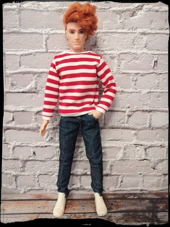 Ken Doll Clothes, Red and White Stripes Sweatshirt. Made on Order. 
