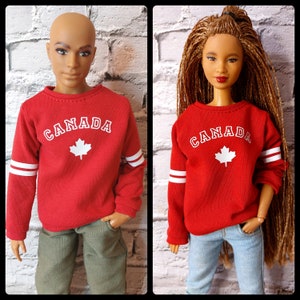 Doll clothes. Cozy sweatshirt 12 inch dolls. Red sweatshirt with CANADA print. Sweater fits original and curvy male and female dolls