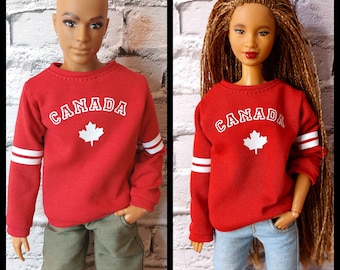Doll clothes. Cozy sweatshirt 12 inch dolls. Red sweatshirt with CANADA print. Sweater fits original and curvy male and female dolls