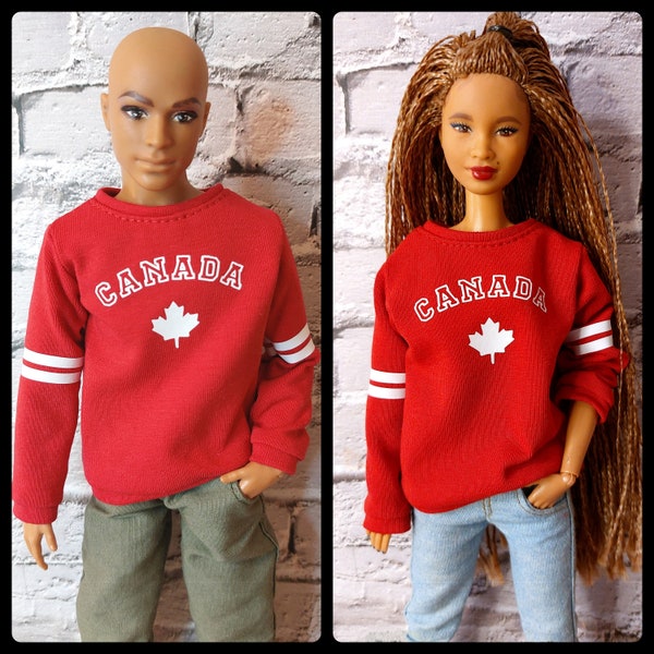 Doll clothes. Cozy sweatshirt 12 inch dolls. Red sweatshirt with CANADA print. Sweater fits original and curvy male and female dolls