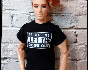 Fashion doll clothes, casual male doll t-shirt, made on order, black shirt with print, 12" size, 1/6 scale, handmade.