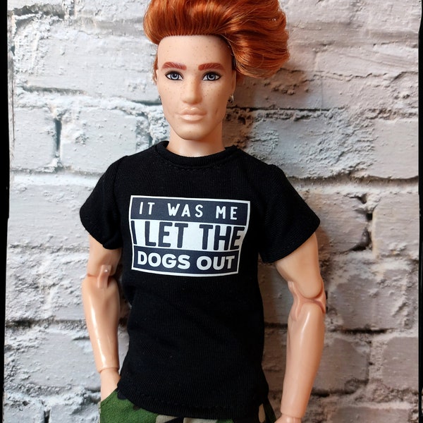 Fashion doll clothes, casual male doll t-shirt, made on order, black shirt with print, 12" size, 1/6 scale, handmade.