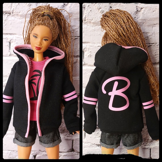 Doll clothes. Black Spring/autumn light jacket. Black with pink stripes and letter B on the back. Made on order. Fits original and curvy.