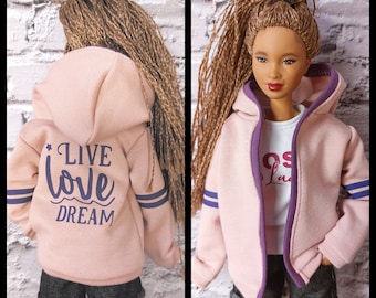 Fashion doll open hoodie.Black Spring/autumn light jacket, Dirty pink woth purple stripes and quote on the back. Made on order.