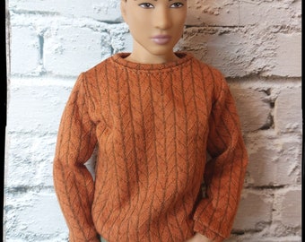 Modepuppenkleidung. Auf Bestellung gemacht. Ziegelroter Pullover mit Muster. Erhältlich in Original- und Buff-Größe. 12-Zoll-Puppen-Sweatshirt.